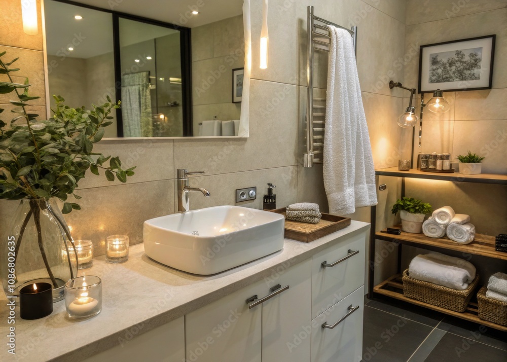 Contemporary Bathroom Design with Chrome Faucet, Stylish Sink, and Elegant Wall Hooks for a Modern Aesthetic Contemporary Bathroom Design with Chrome Faucet, Stylish Sink, and Elegant Wall Hooks for a Modern Aesthetic
