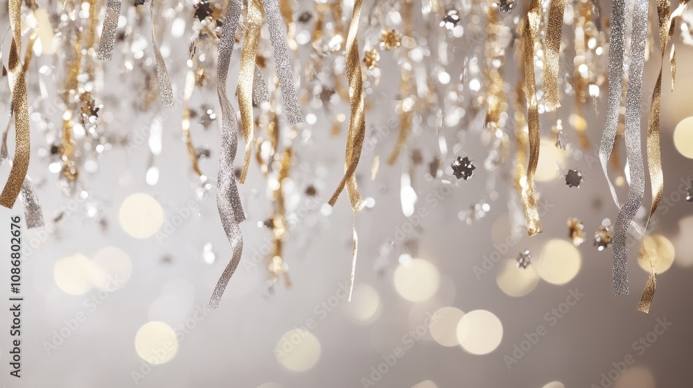 Fototapeta premium Elegant New Year's Eve scene featuring shimmering gold and silver streamers, glossy decorations, and sparkling confetti for a celebratory mood.. Christmas, New Year's Eve