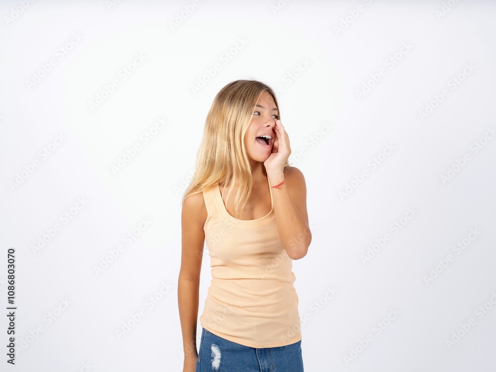Beautiful teen girl wearing sleeveless t-shirt hear incredible private news impressed scream share Beautiful teen girl wearing sleeveless t-shirt hear incredible private news impressed scream share