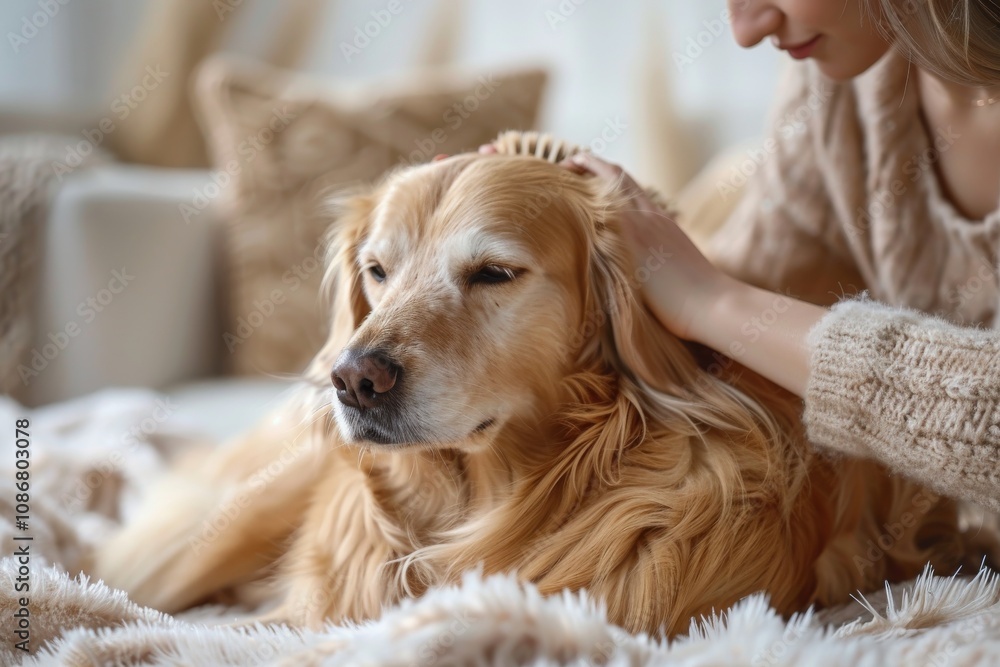Pet owner sitting next to her dog, brushing it with a soft brush Pet owner sitting next to her dog, brushing it with a soft brush
