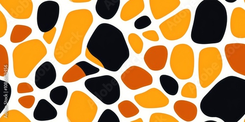 Seamless pattern of bright orange, black, and yellow abstract spots on a white background, highlighting a bold and playful wildlife-inspired design.. photo