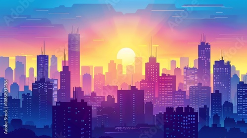 A colorful city skyline with a sunrise in the background.