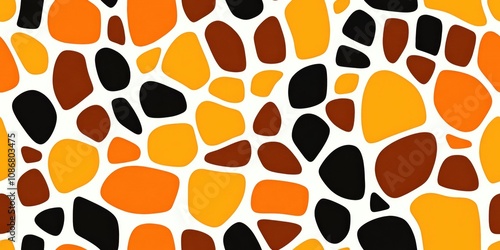 Seamless pattern of irregular orange, black, and brown abstract spots on a white background, perfect for wildlife-inspired designs with a modern touch.. photo