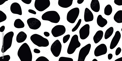 Seamless pattern of large irregular black spots on a white background, offering a bold and contemporary wildlife-inspired design for creative projects..