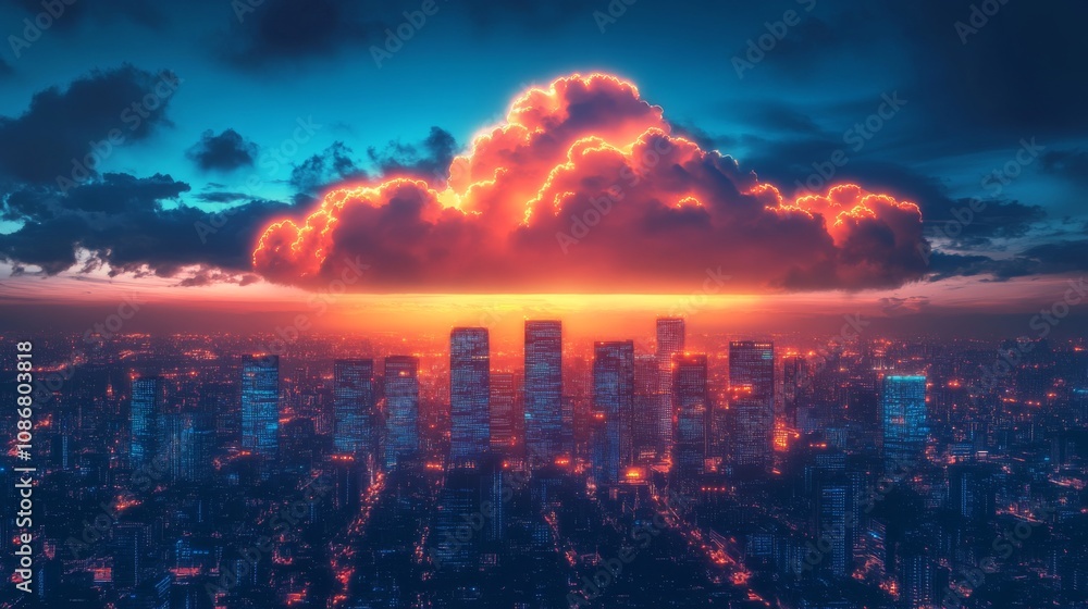 Dramatic Cityscape with Glowing Cloud Dramatic Cityscape with Glowing Cloud