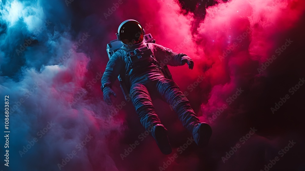 Floating Astronaut in Dramatic Sci Fi Space Scene with Ethereal Lighting Floating Astronaut in Dramatic Sci Fi Space Scene with Ethereal Lighting