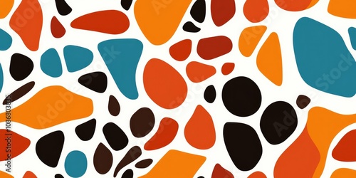 Seamless pattern of abstract colorful shapes in orange, blue, and black, resembling animal textures, ideal for modern wildlife-inspired designs.. photo