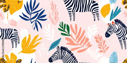 Seamless pattern of zebras with pastel tropical leaves on a light background, creating a fresh and wildlife-inspired decorative design.. photo