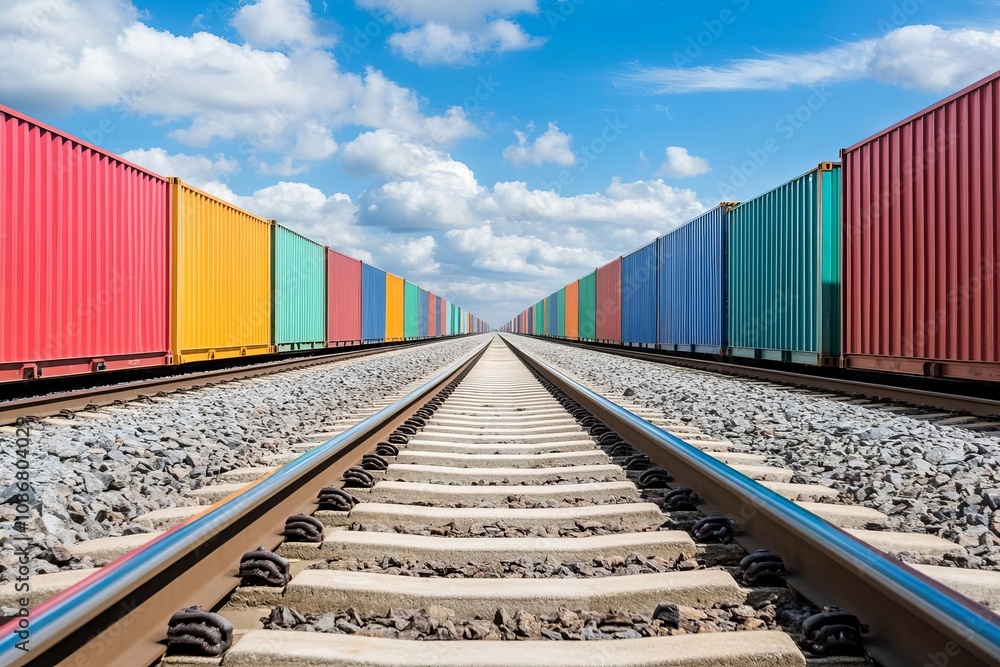 Fototapeta premium Colorful shipping containers aligned along railway tracks under a blue sky.