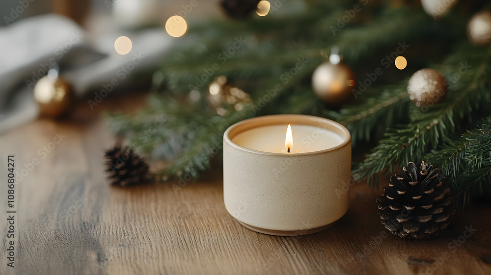 Minimalist Soy Candle Setting a Warm Holiday Mood at Dinner Table. Minimalist Soy Candle Setting a Warm Holiday Mood at Dinner Table.