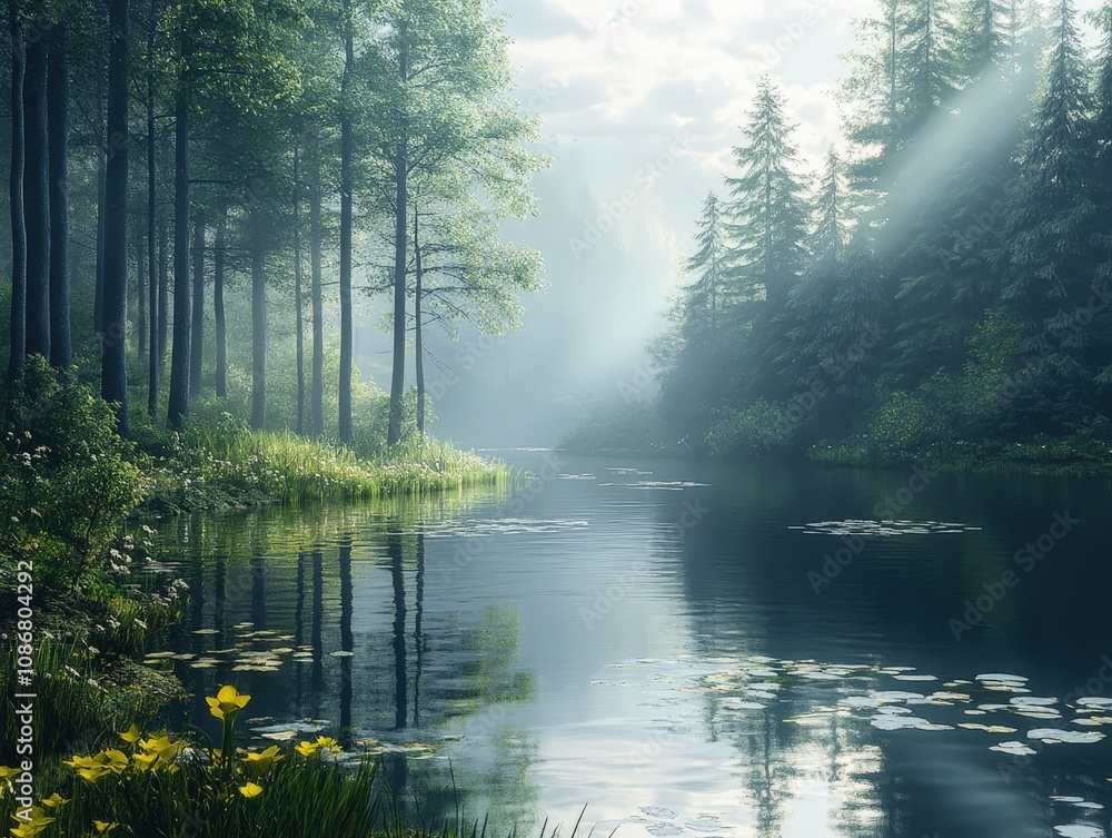 Serene landscape featuring a tranquil river surrounded by lush trees and soft sunlight filtering through the mist. Serene landscape featuring a tranquil river surrounded by lush trees and soft sunlight filtering through the mist.