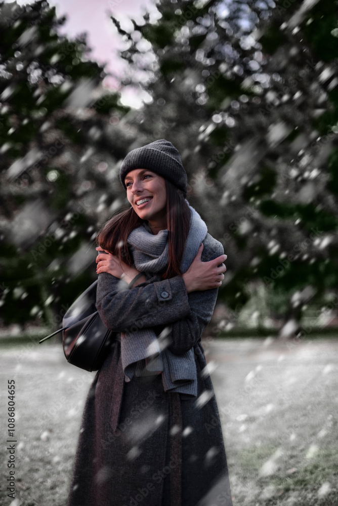 Fototapeta premium Happy woman standing outside in the park in the snowfall