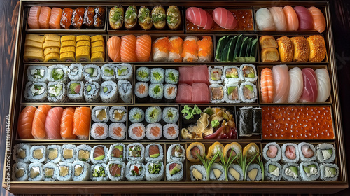 A lavish selection of colorful sushi types arranged neatly in a wooden box, perfect for a celebration