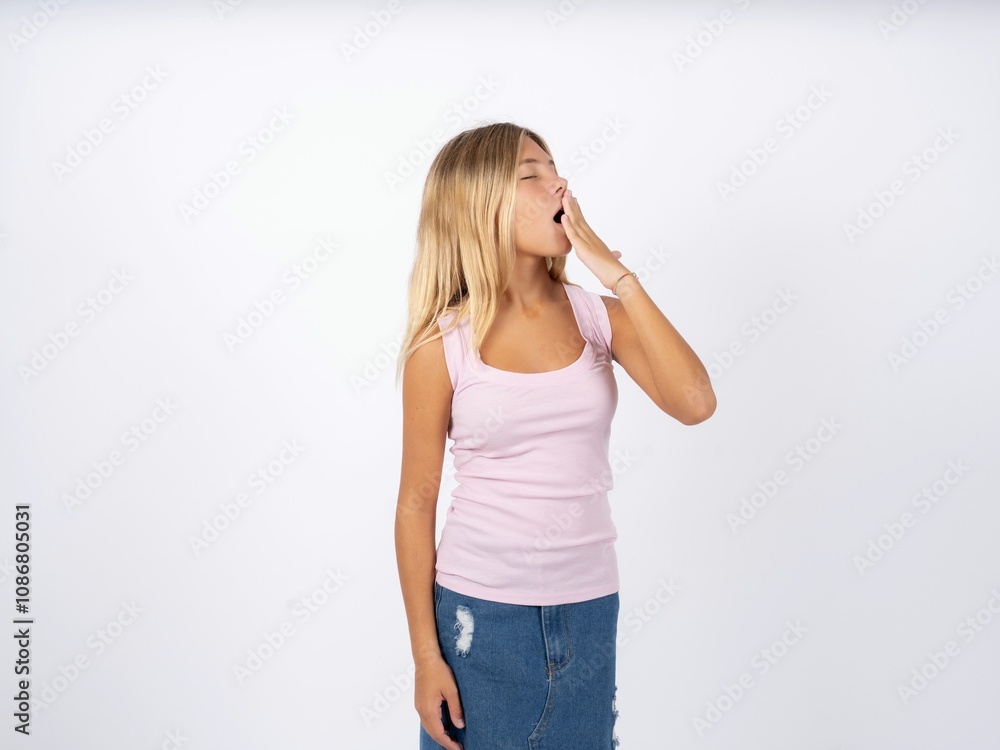 Beautiful teen girl wearing sleeveless t-shirt being tired and yawning after spending all day at work.