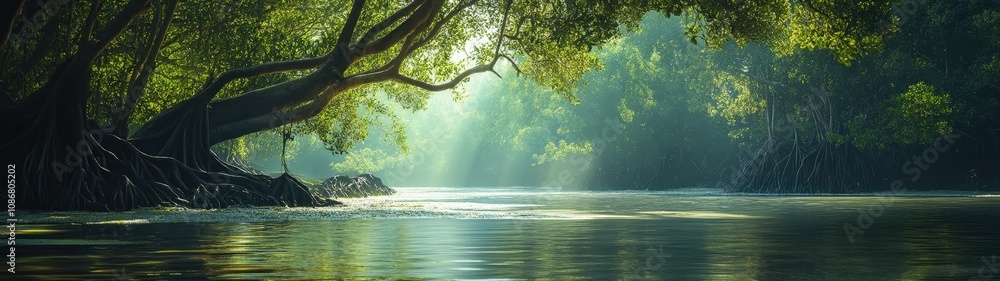 Serene river scene with lush greenery and soft sunlight illuminating the tranquil water, perfect for nature photography. Serene river scene with lush greenery and soft sunlight illuminating the tranquil water, perfect for nature photography.