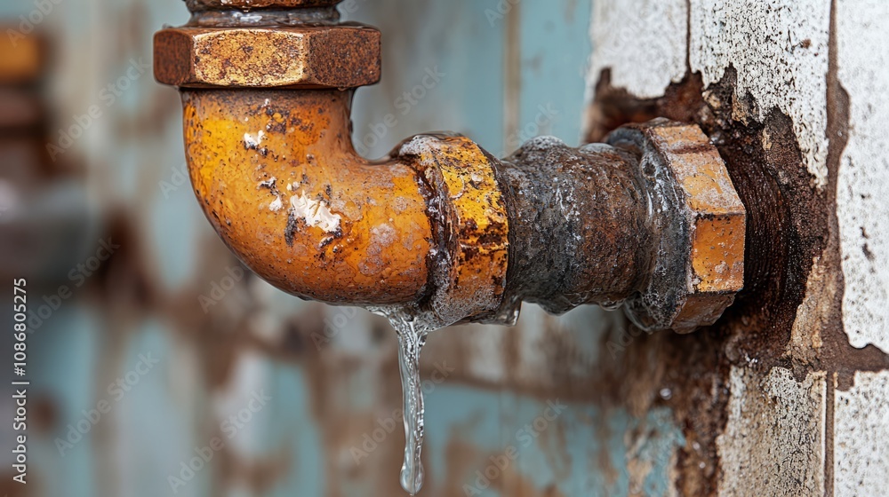 A rusty pipe drips water steadily, showcasing wear and tear in an old industrial setting. The cracked wall hints at years of neglect and decay A rusty pipe drips water steadily, showcasing wear and tear in an old industrial setting. The cracked wall hints at years of neglect and decay