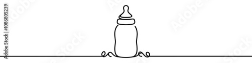 One continuous line illustration of a baby bottle, isolated on white background. Line art of baby bottle.