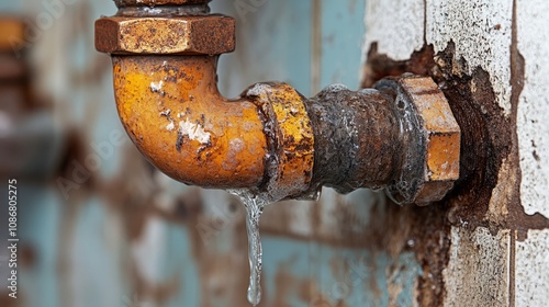 A rusty pipe drips water steadily, showcasing wear and tear in an old industrial setting. The cracked wall hints at years of neglect and decay