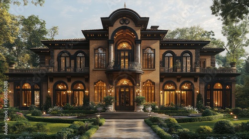 A luxury estate with a grand entrance, large front garden, and intricate architectural details.