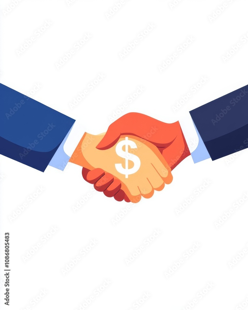Hands shaking with a dollar sign, symbolizing a business deal and financial agreement. Hands shaking with a dollar sign, symbolizing a business deal and financial agreement.