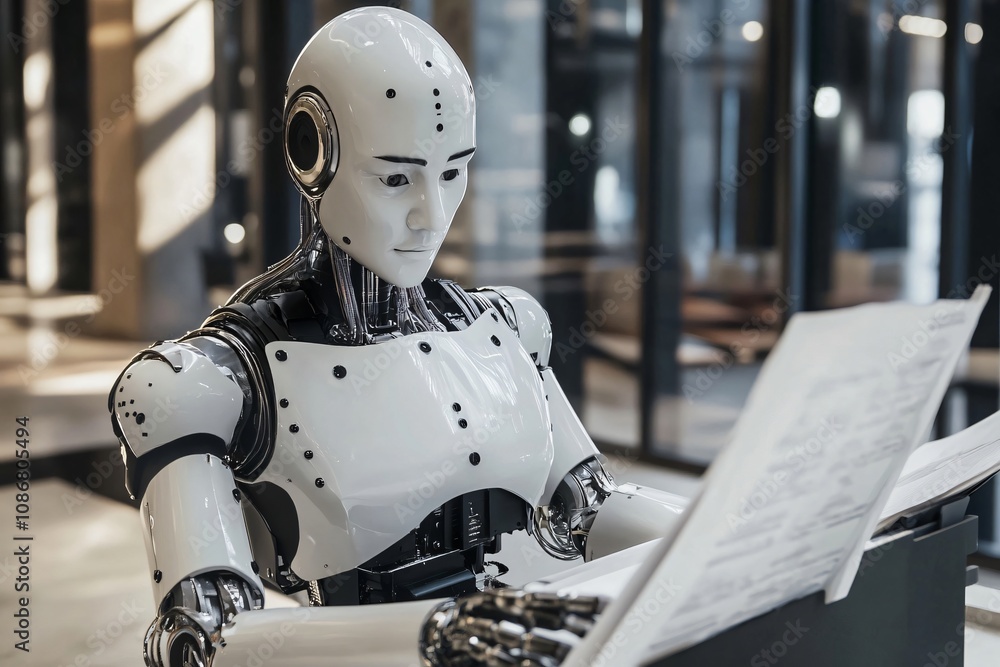 Advanced humanoid robot carefully reviewing paperwork, showcasing the integration of ai in administrative tasks within a contemporary office environment Advanced humanoid robot carefully reviewing paperwork, showcasing the integration of ai in administrative tasks within a contemporary office environment