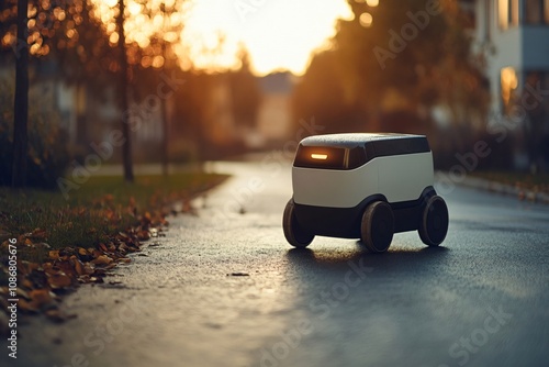 Autonomous delivery robot transporting goods on a residential street at sunset, showcasing the future of logistics and e commerce photo