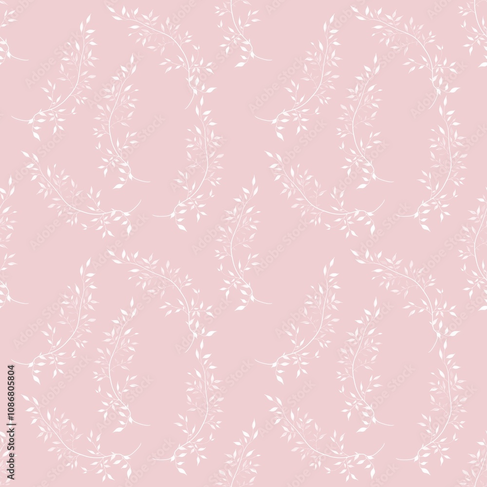 White Branches with Leaves on Pink Background Seamless Pattern Design White Branches with Leaves on Pink Background Seamless Pattern Design