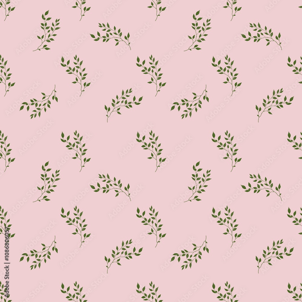 Small Green Branch on Pink Background Seamless Pattern Design Small Green Branch on Pink Background Seamless Pattern Design