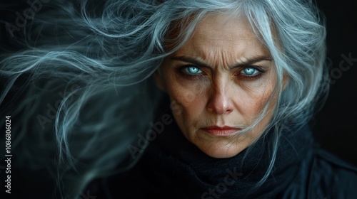 With a captivating glare, an elderly woman showcases her striking blue eyes and silver hair, exuding an aura of power and mystery in a dimly lit setting