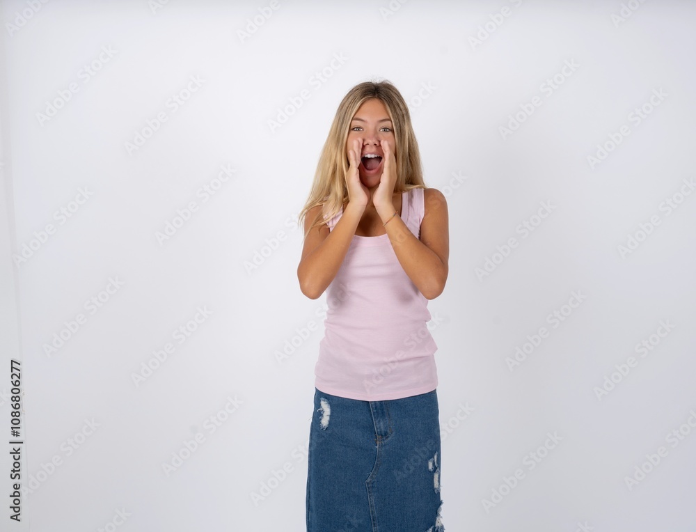 Beautiful teen girl wearing sleeveless t-shirt shouting excited to front. Beautiful teen girl wearing sleeveless t-shirt shouting excited to front.
