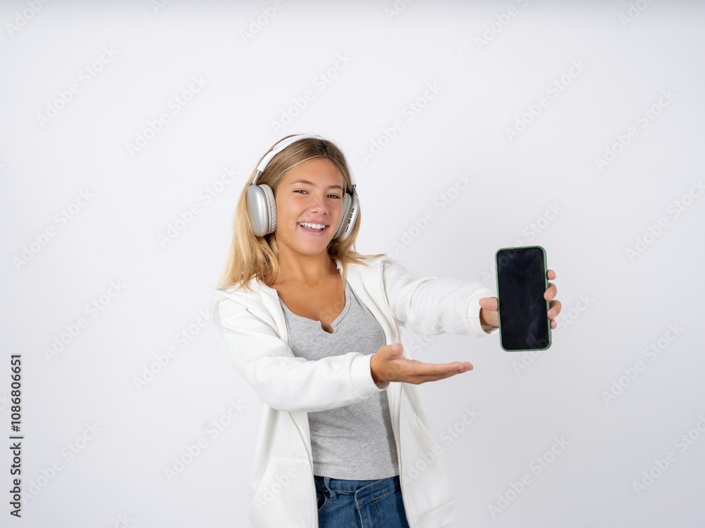 Beautiful teen girl wearing white jacket with a mobile. presenting smartphone. Advertisement concept. Beautiful teen girl wearing white jacket with a mobile. presenting smartphone. Advertisement concept.