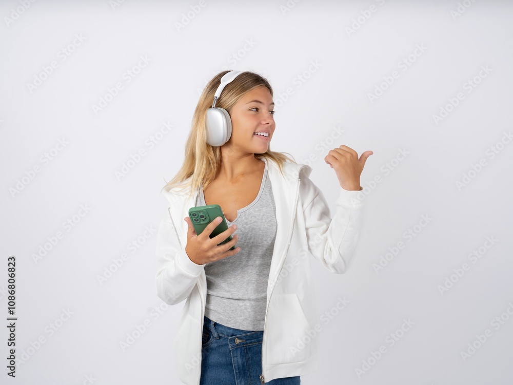 Beautiful teen girl wearing white jacket using and texting with smartphone pointing and showing with thumb up to the side with happy face smiling Beautiful teen girl wearing white jacket using and texting with smartphone pointing and showing with thumb up to the side with happy face smiling