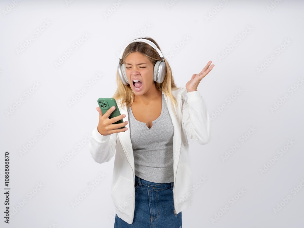 Angry Beautiful teen girl wearing white jacket screaming on the phone, having an argument with an employee. Troubles at work. Angry Beautiful teen girl wearing white jacket screaming on the phone, having an argument with an employee. Troubles at work.