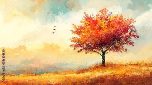 A serene landscape with a single tree in full autumn colors, its leaves a vibrant mix of red, orange, and yellow.