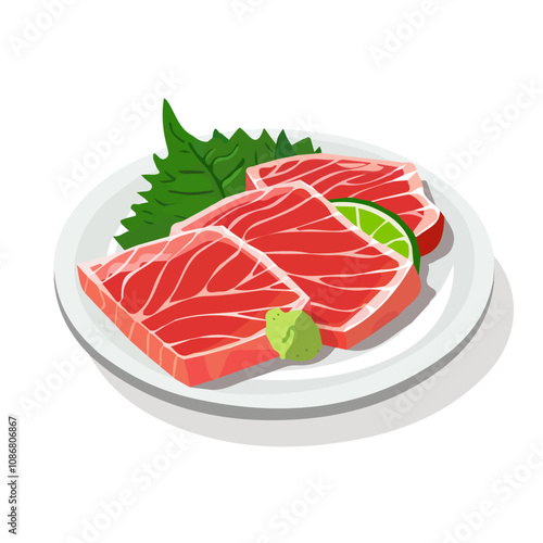 Simple flat 2D illustration of a seared tuna tataki on plate isolated on a white background, vector 2D seared tuna tataki	