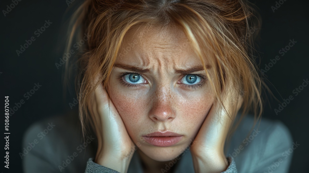 A young woman reveals her anxiety and distress in a quiet moment, with her blue eyes conveying intense emotion while she holds her face in despair A young woman reveals her anxiety and distress in a quiet moment, with her blue eyes conveying intense emotion while she holds her face in despair