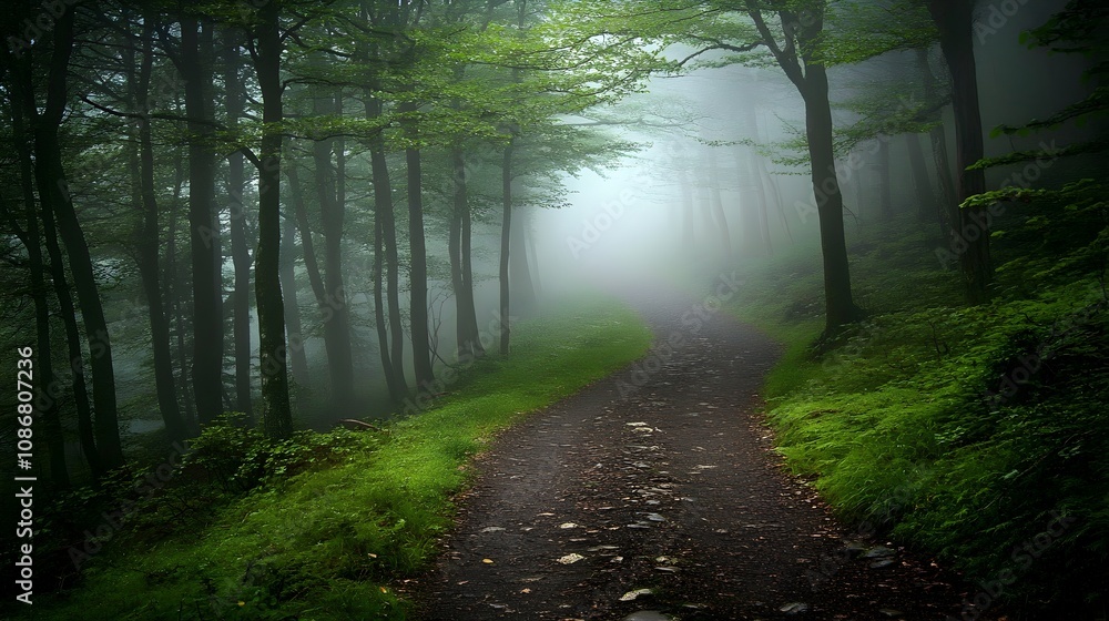 Fototapeta premium Mystical Pathway Through Misty Forest Landscape with Atmospheric Ambience