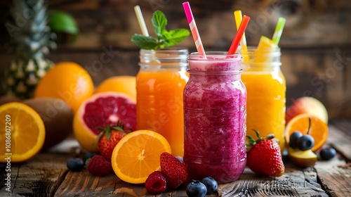 Smoothie drinks with juicy fruit on a hard wooden surface