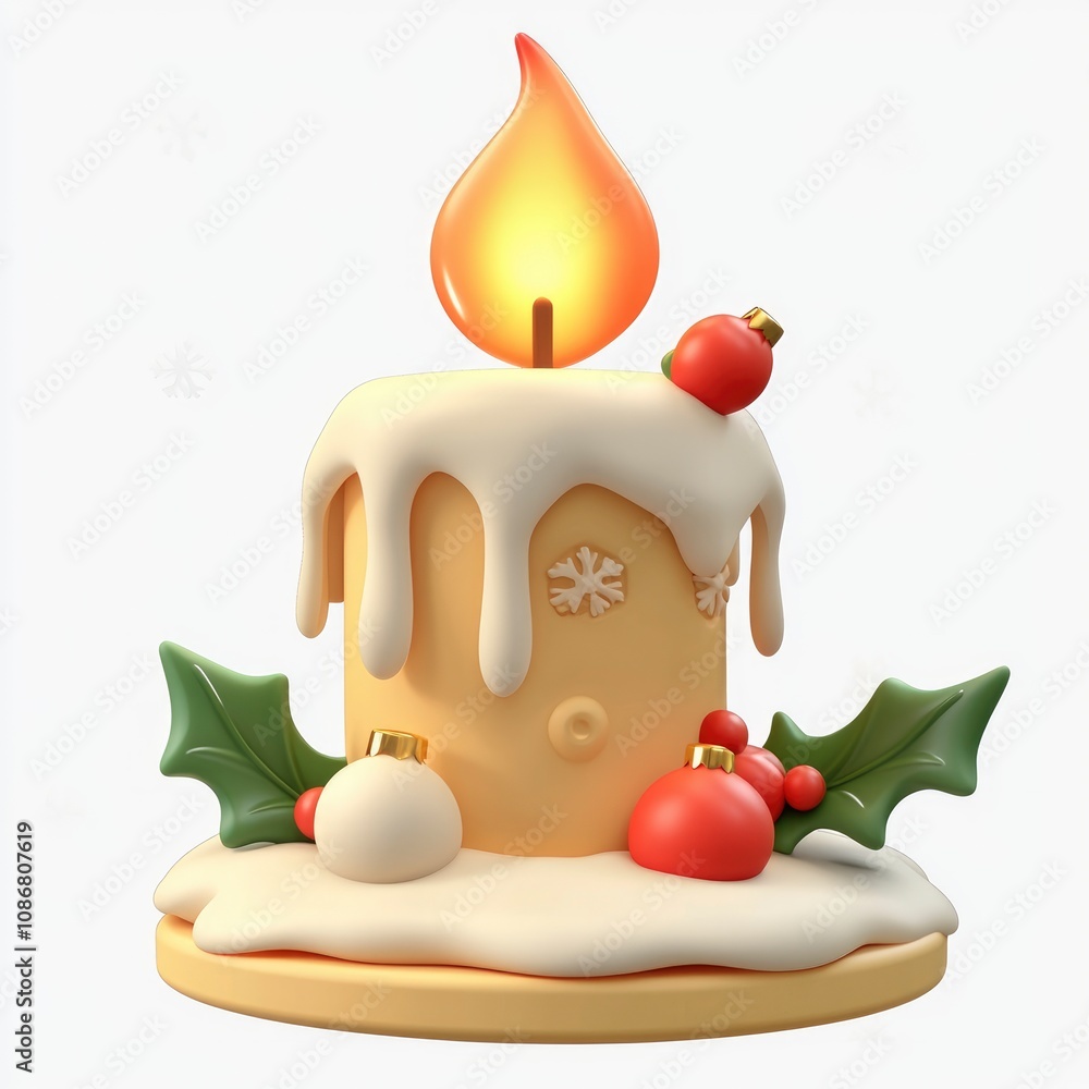 Naklejka premium Festive 3D Render of a Christmas Candle with Holly and Ornaments