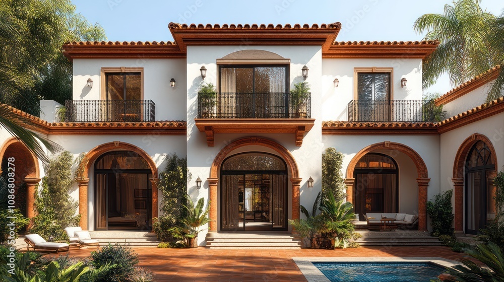 A 3D model of a Mediterranean-inspired villa with arches, terracotta tiles, and finely detailed balconies. A 3D model of a Mediterranean-inspired villa with arches, terracotta tiles, and finely detailed balconies.
