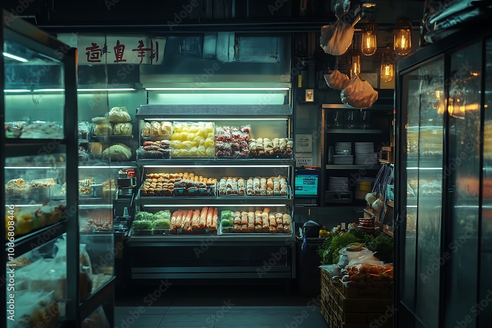 A dimly lit market stall displaying various fresh produce and packaged foods. A dimly lit market stall displaying various fresh produce and packaged foods.