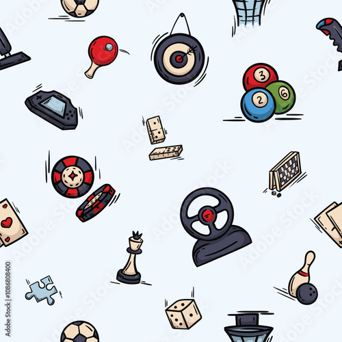 Vector seamless pattern with board games, leisure, sports and hobby items. Hand drawn background for wrapping paper, decoration, print. Set of icons, signs and symbols