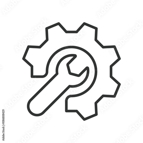 Industrial repair service, icon in line design. Industrial, repair, service, maintenance, machinery, tools, workshop on white background vector. Industrial repair service editable stroke icon