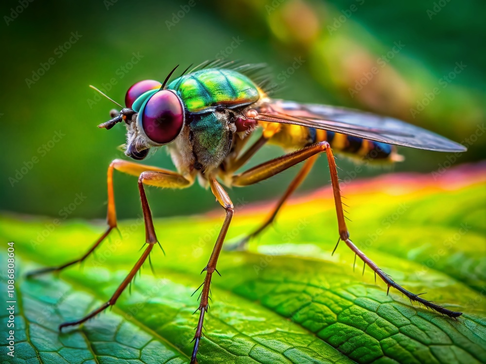 Drone Photography Captures Close-Up of a Mosquito in Natural Habitat, Showcasing Intricate Details of Its Body and Wings Against a Lush Green Background Drone Photography Captures Close-Up of a Mosquito in Natural Habitat, Showcasing Intricate Details of Its Body and Wings Against a Lush Green Background