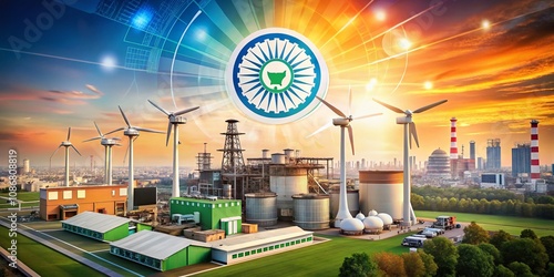 Drone Photography of Industrial Design Featuring Energy and Power Icons in a Circular Layout for Brochure and Report Cover with the Indian Flag