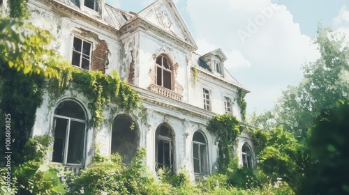 Wallpaper Mural Abandoned Victorian Mansion Overgrown with Nature Showcasing Architectural Decay Surrounded by Lush Greenery and Blue Sky Torontodigital.ca