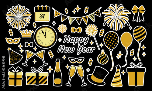 A black and gold poster with a variety of symbols and decorations, including a clock, balloons, and a crown. The poster reads "Happy New Year" and is meant to celebrate the start of the new year