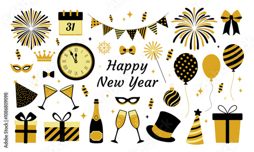A colorful poster with a large clock and a Happy New Year message. The poster is filled with various party decorations such as balloons, hats, and glasses