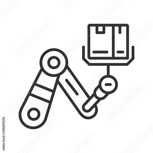 Robotic Arm Packaging, icon in line design. Robotic, arm, packaging, automation, machinery, robotics, assembly on white background vector. Robotic Arm Packaging editable stroke icon