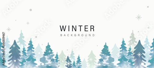 Beautiful winter background with winter forest and snowflakes in watercolour style.